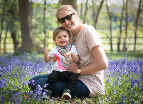 Mum and toddler amongst the bluebells during spring photoshoot in Wallingford