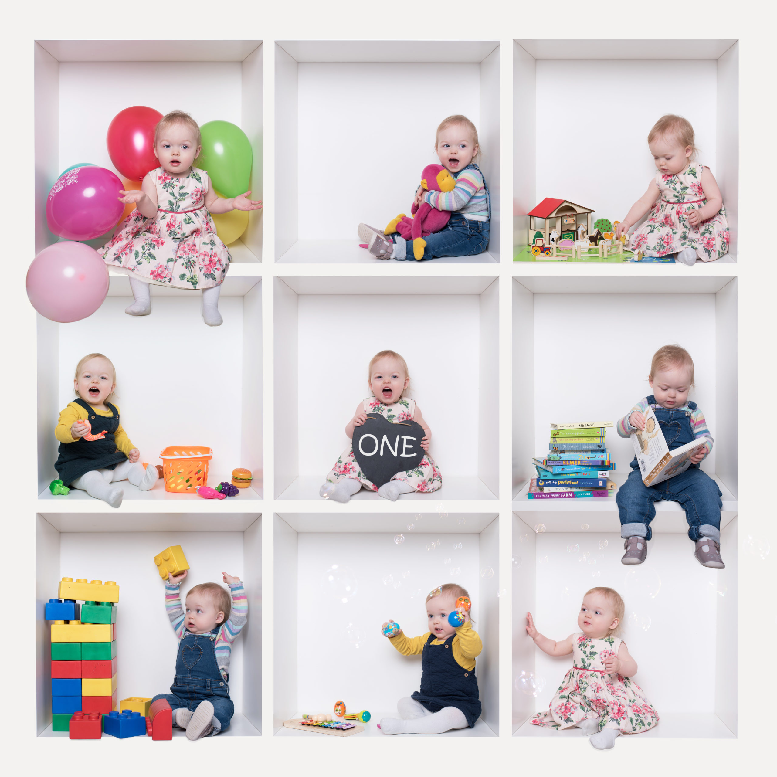 Baby girl colourful white box Birthday photoshoot in Wallingford