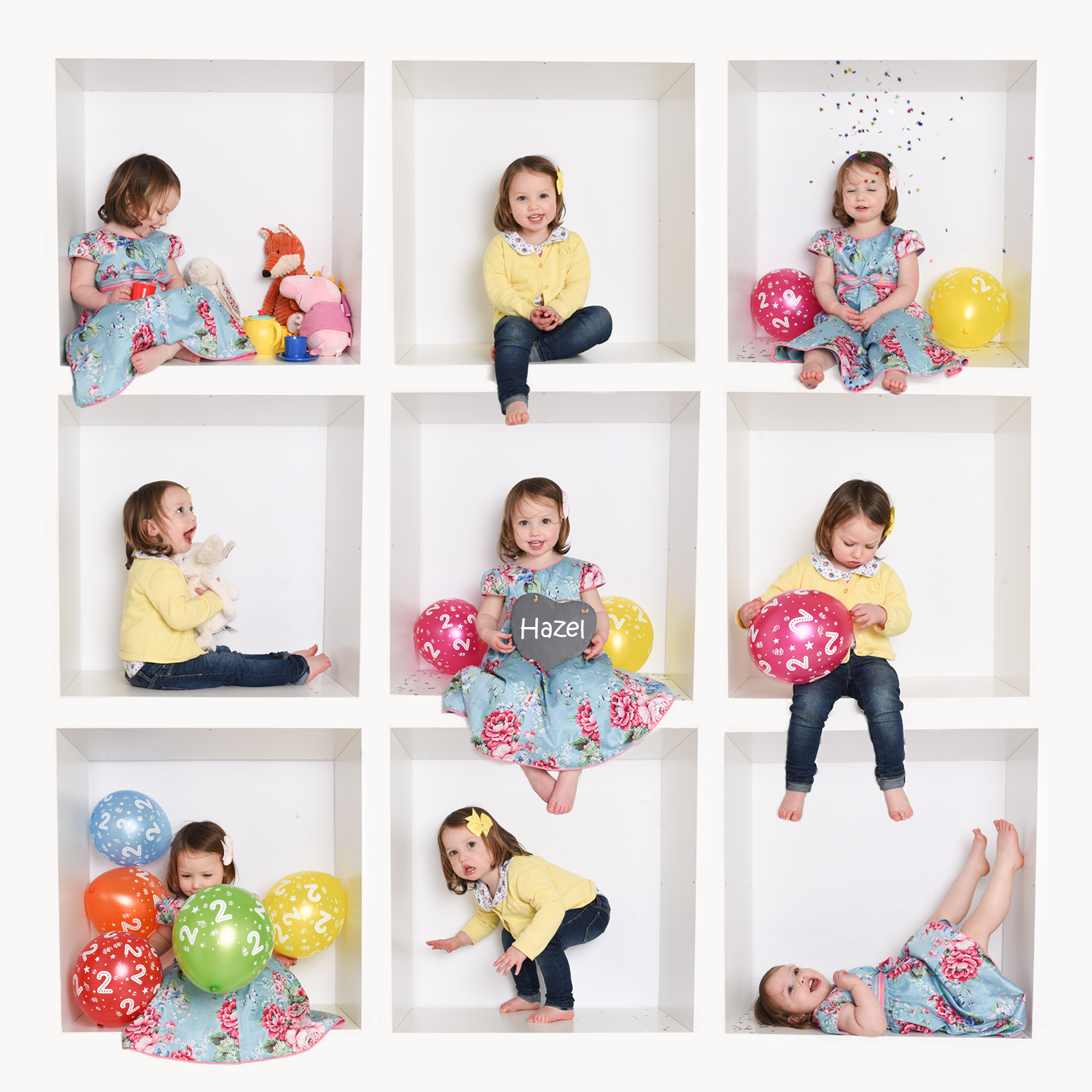Toddler girl colourful white box Birthday photoshoot in Wallingford