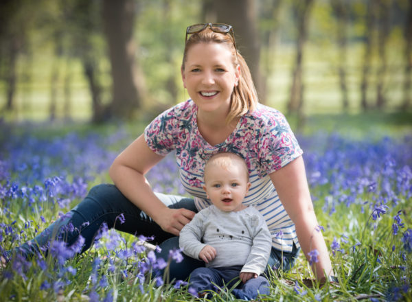 Mum and baby amongst the bluebells during spring photoshoot in Wallingford