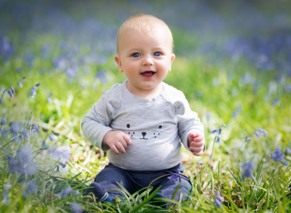 Baby sat amongst the bluebells during spring photoshoot in Wallingford